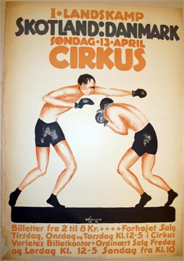 Plakat, motiv: To boksere. Den ene langer ud og den anden dukker sig